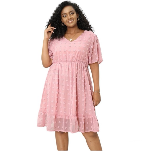Keluummi Dresses & Skirts - NWT Dress Chiffon Swiss Dot Midi V Neck Short Bell Sleeves Flowy Plus Si…